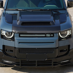 PLOMOR Defender 90/110 carbon fiber engine hood installed aerodynamic view