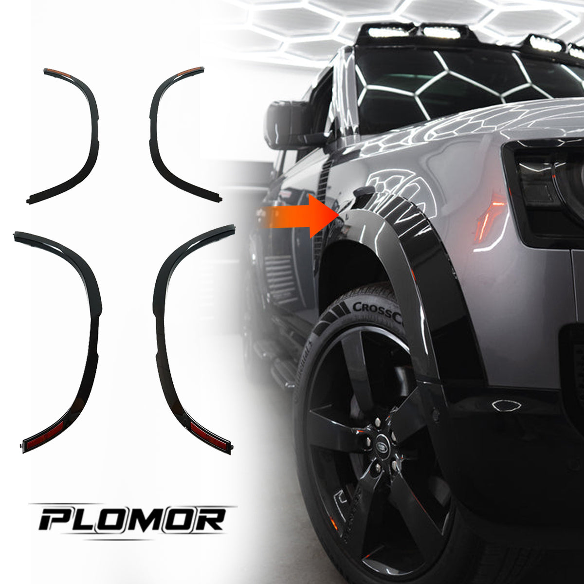 PLOMOR Carbon Fibre Fender Flares with LED Lights for Land Rover Defender 90 110
