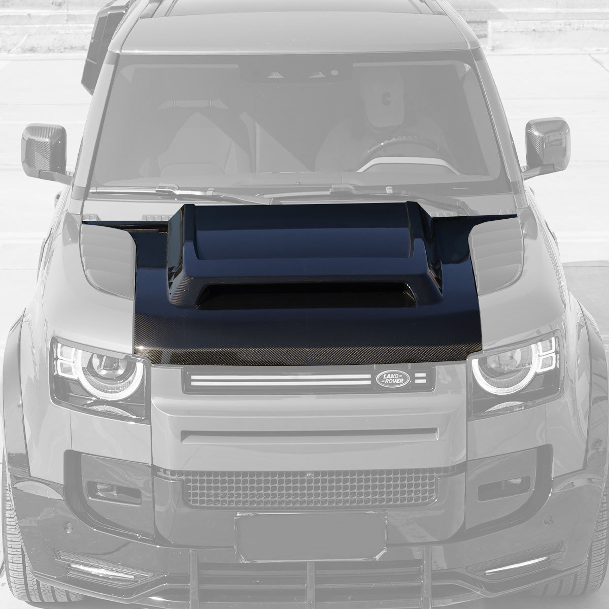 PLOMOR Defender 90 carbon fiber engine hood installed angled view