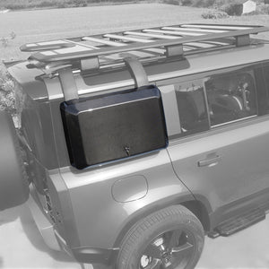 PLOMOR carbon fibre side storage box installed on Land Rover Defender 90