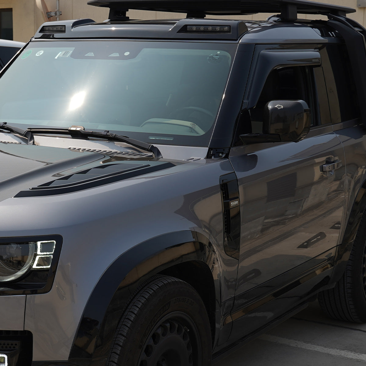 Angled View of Installed Gloss Black A-Pillar Trim – Defender