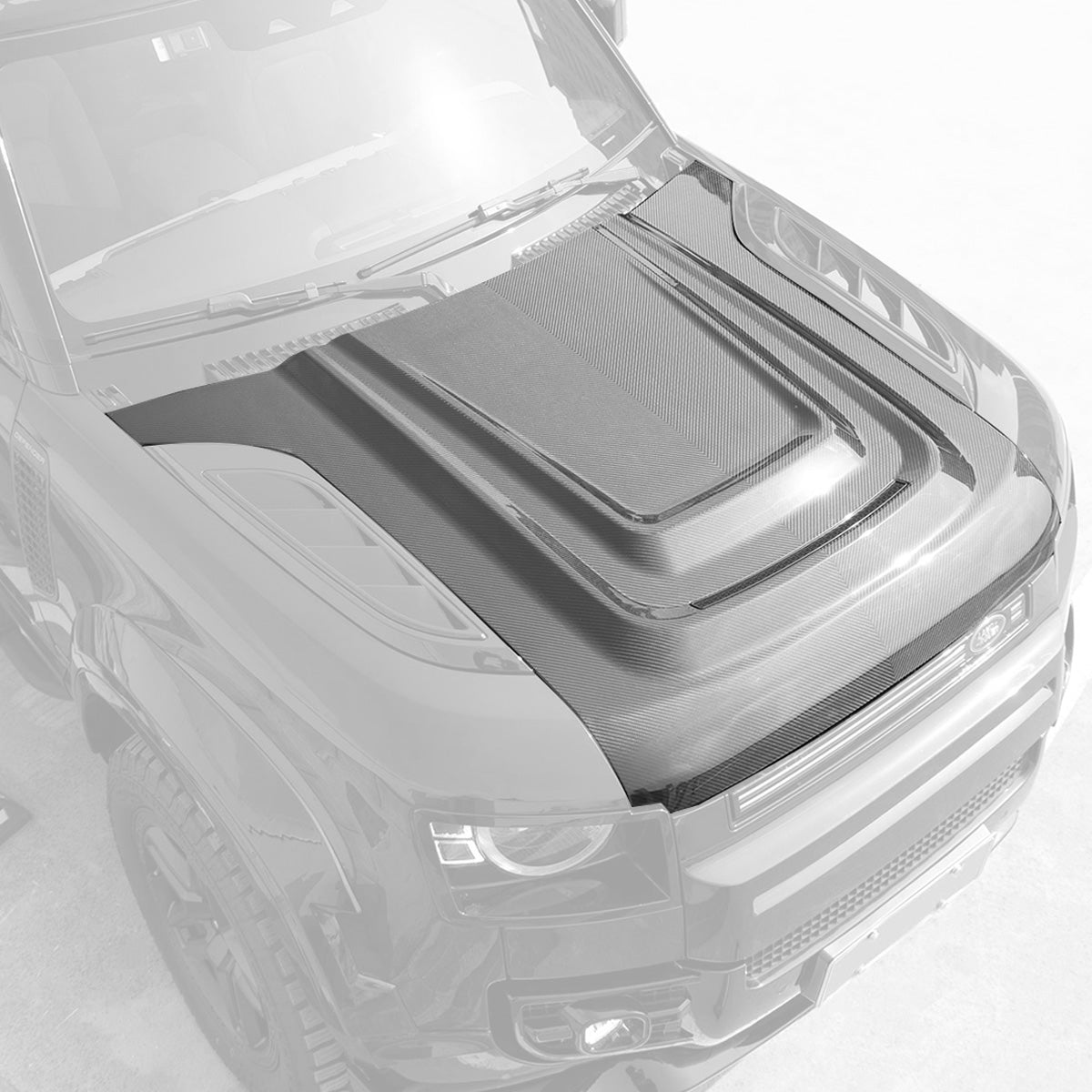 PLOMOR Dry Carbon Bonnet installed on Defender 90/110/130 – Front view