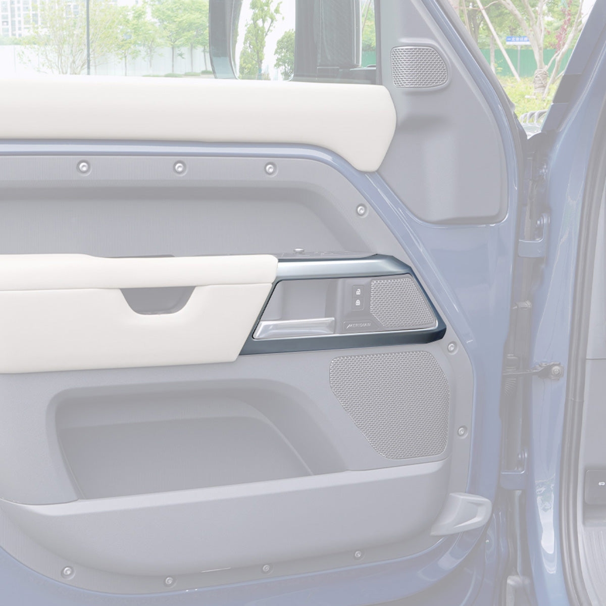 PLOMOR pearl nickel interior trim kit installed cabin view for Land Rover Defender