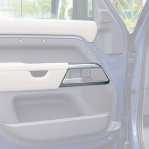 PLOMOR pearl nickel interior trim kit installed cabin view for Land Rover Defender