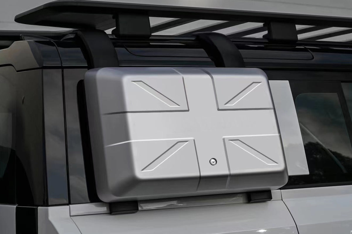 Union Jack-Inspired Design - PLOMOR Side Storage Box for Land Rover Defender 90/110/130 – Lockable, Weatherproof