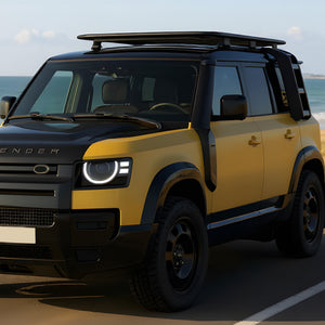 Clean OEM-style installation of PLOMOR snorkel kit with A-pillar covers on Defender
