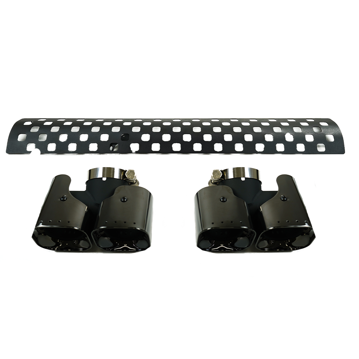 PLOMOR Square Quad Exhaust Tip Kit Front View for Defender 90/110/130