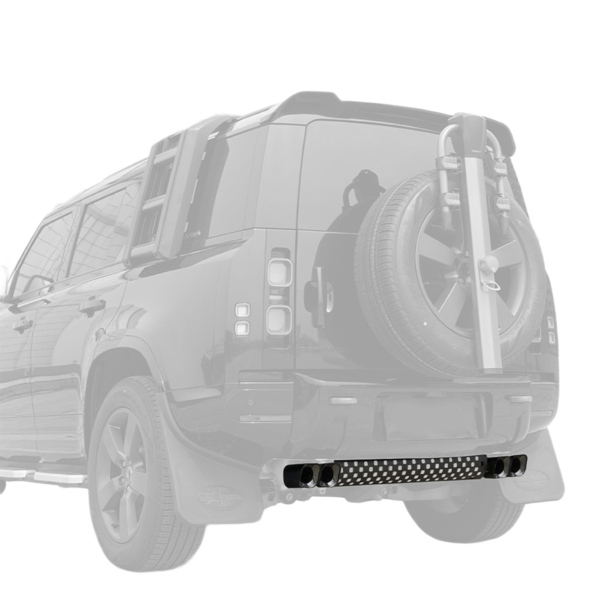 PLOMOR Square Quad Exhaust Tip Kit Installed Close-Up on Defender 90/110/130