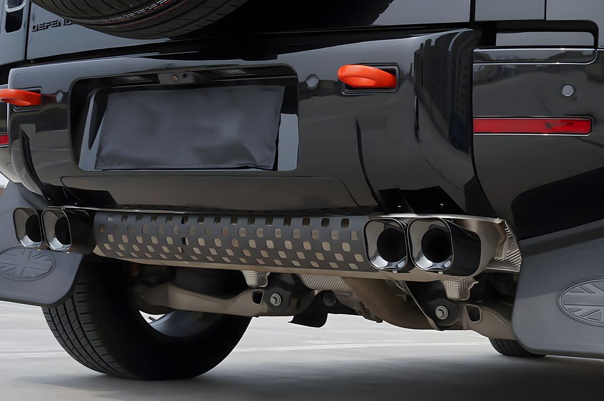 	Square Exhaust Tips with Mesh Panel - PLOMOR Square Quad Exhaust Tips for Defender 90 / 110 / 130 – Black Mesh