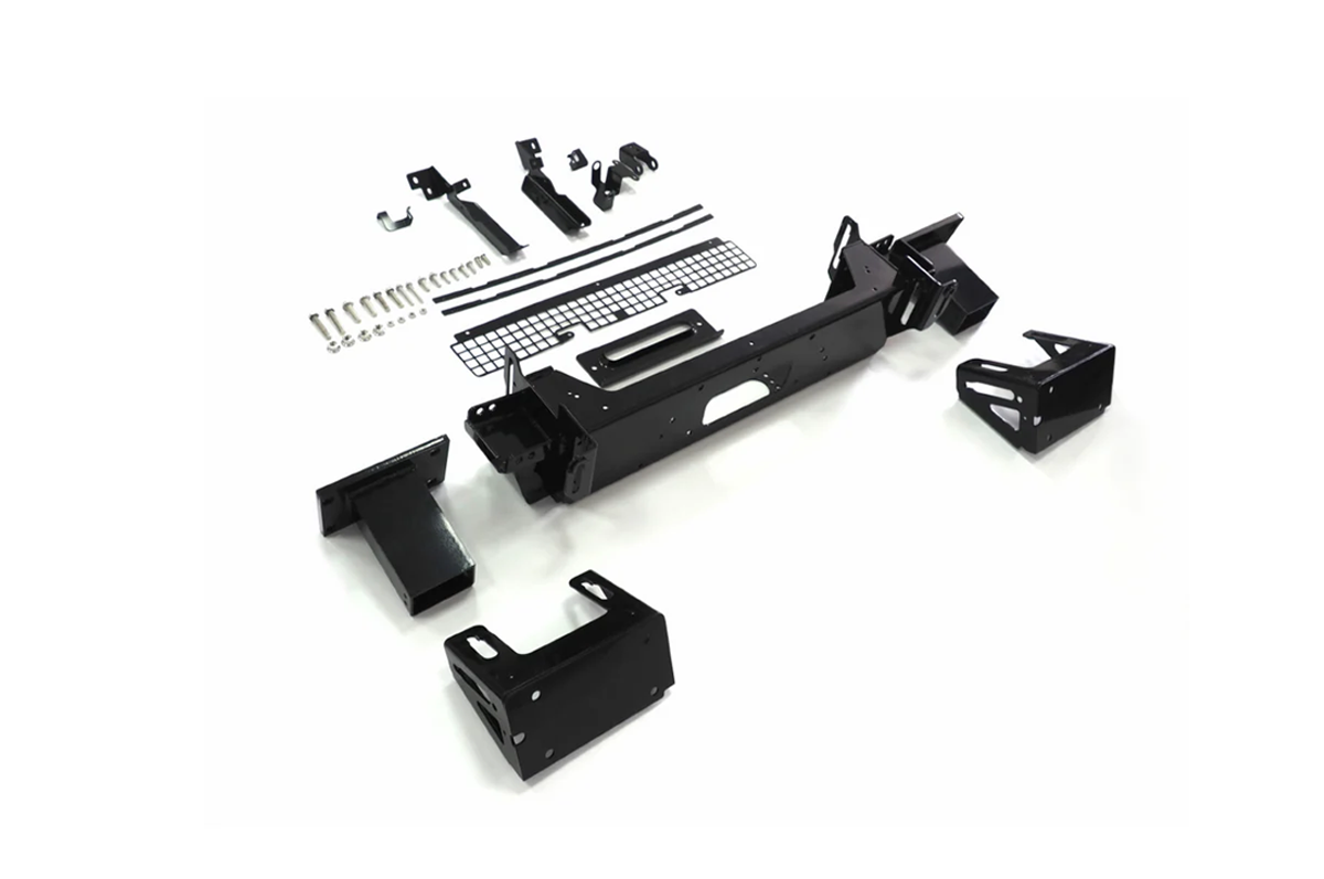 Black A-Bar Front Bull Bar Winch Mount - PLOMOR Winch Mount Bracket for Land Rover Defender 90/110 – Aluminium, Gloss Black
