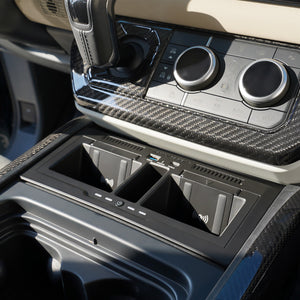 PLOMOR Dual Wireless Charging Console Showing Dual USB Outputs