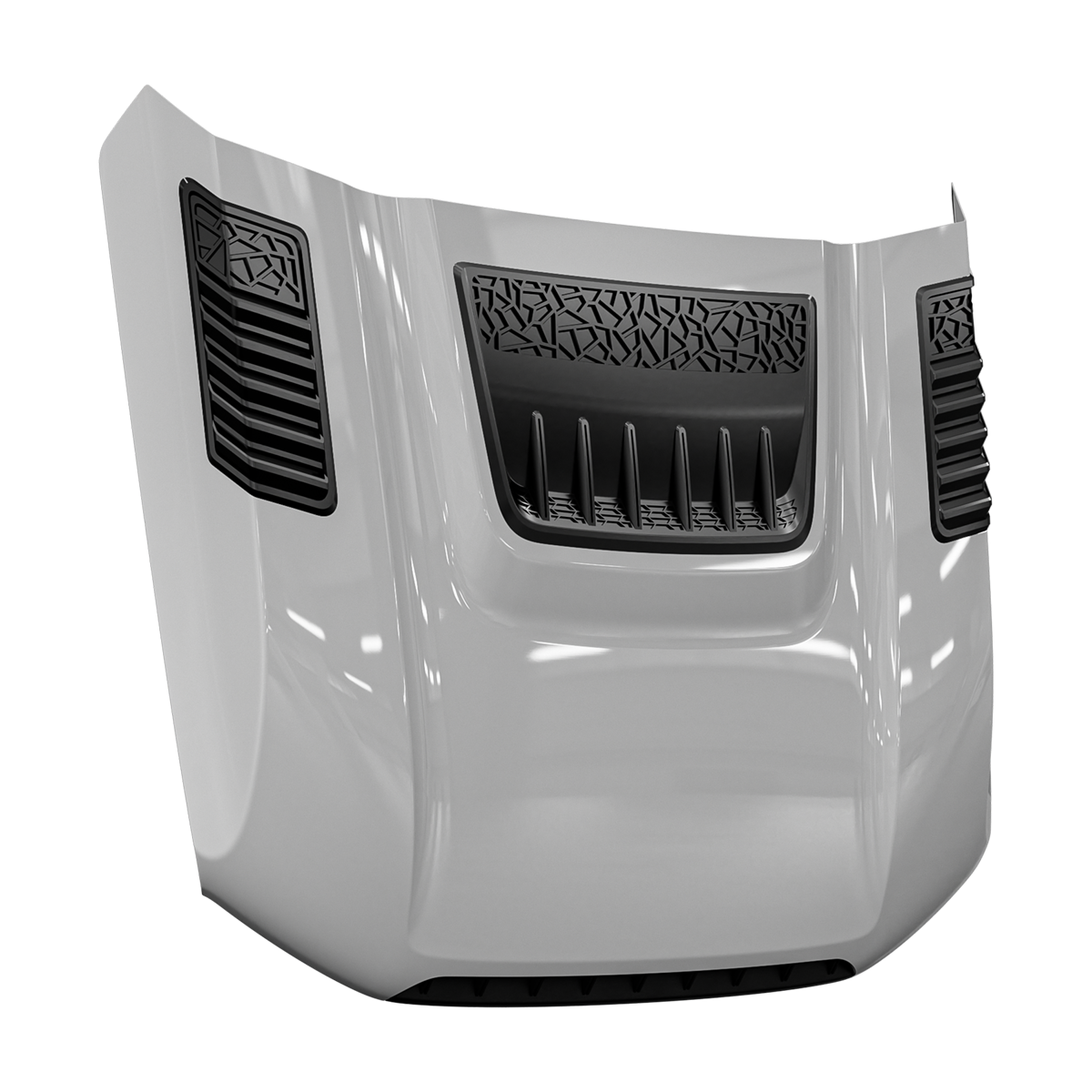 Three-quarter view of dynamic hood in gloss white with black inserts—center heat-extractor scoop with vertical fins and dual louvered side vents.