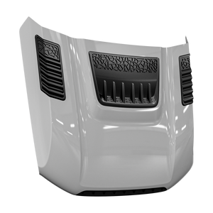 Three-quarter view of dynamic hood in gloss white with black inserts—center heat-extractor scoop with vertical fins and dual louvered side vents.