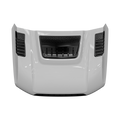 Dynamic hood panel in gloss white with black inserts—center heat-extractor scoop and dual louvered side vents; front view on transparent background.