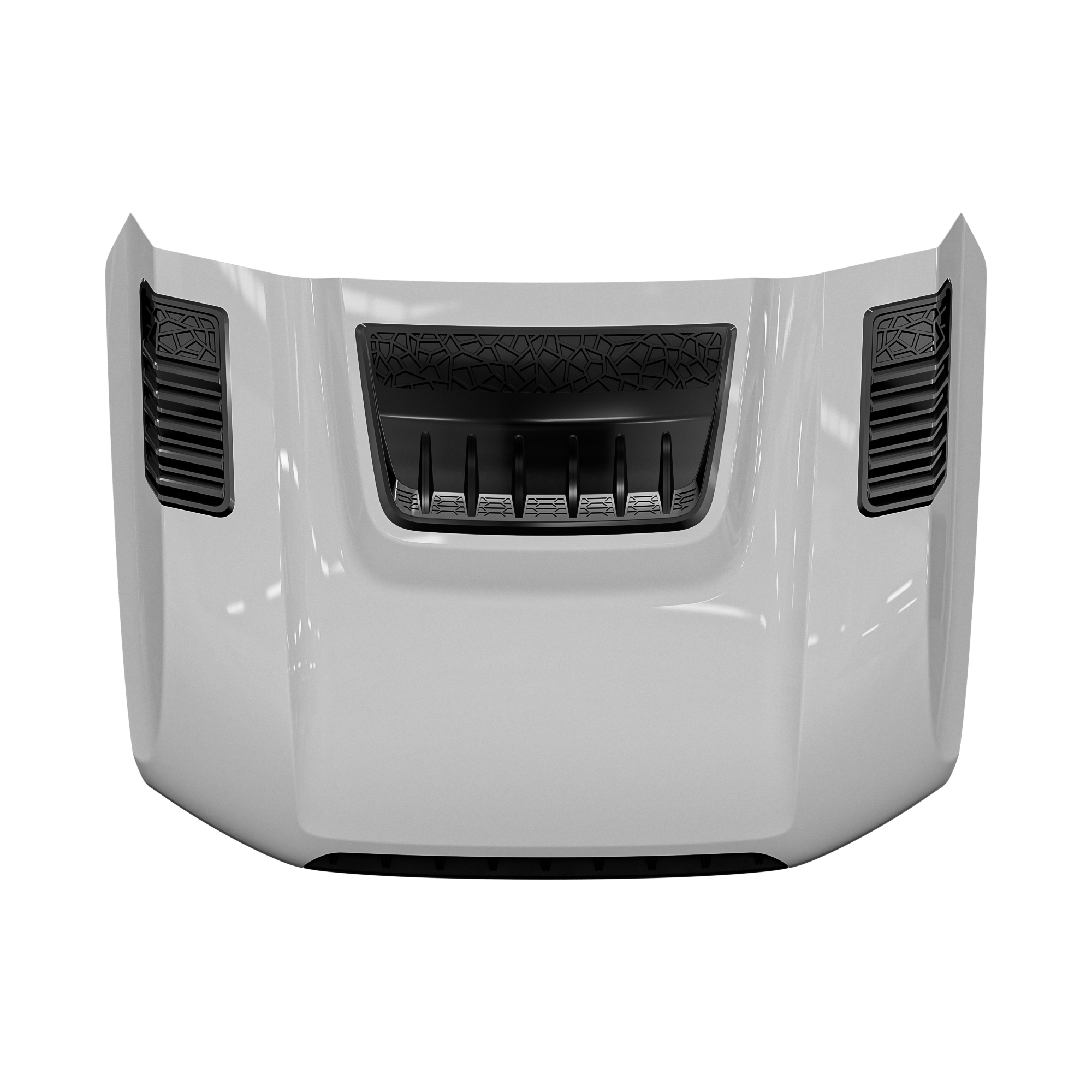 Dynamic hood panel in gloss white with black inserts—center heat-extractor scoop and dual louvered side vents; front view on transparent background.