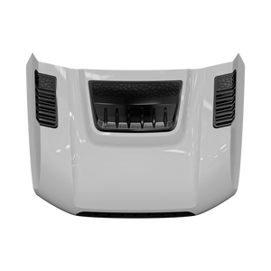 Dynamic hood panel in gloss white with black inserts—center heat-extractor scoop and dual louvered side vents; front view on transparent background.