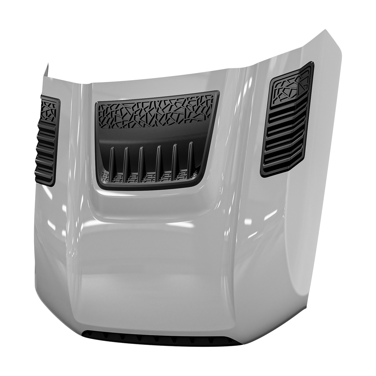 Front-right three-quarter view of dynamic hood in gloss white with black inserts—center heat-extractor scoop with vertical fins and geometric upper trim, plus dual louvered side vents.