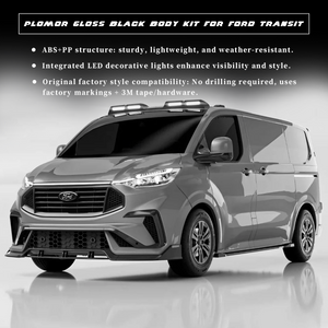 Gloss black small body kit for Ford Transit with integrated LED accents and aerodynamic design.