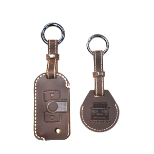Brown leather keychain and AirTag cover set for Ineos Grenadier, luxury leather accessory