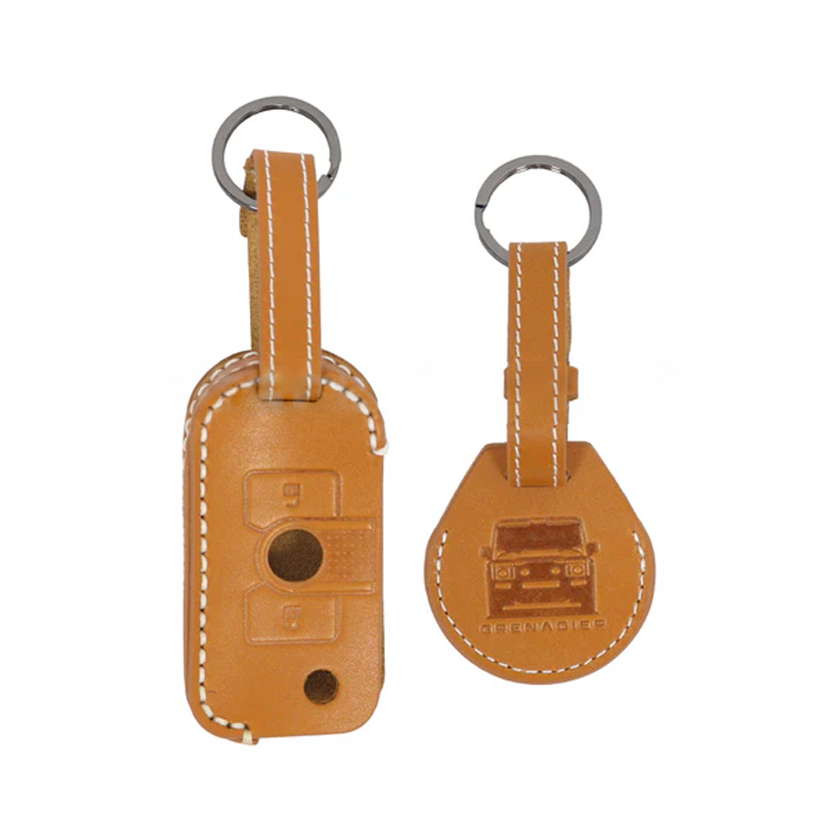 Classic orange leather keychain and AirTag cover set for Ineos Grenadier, luxury accessory