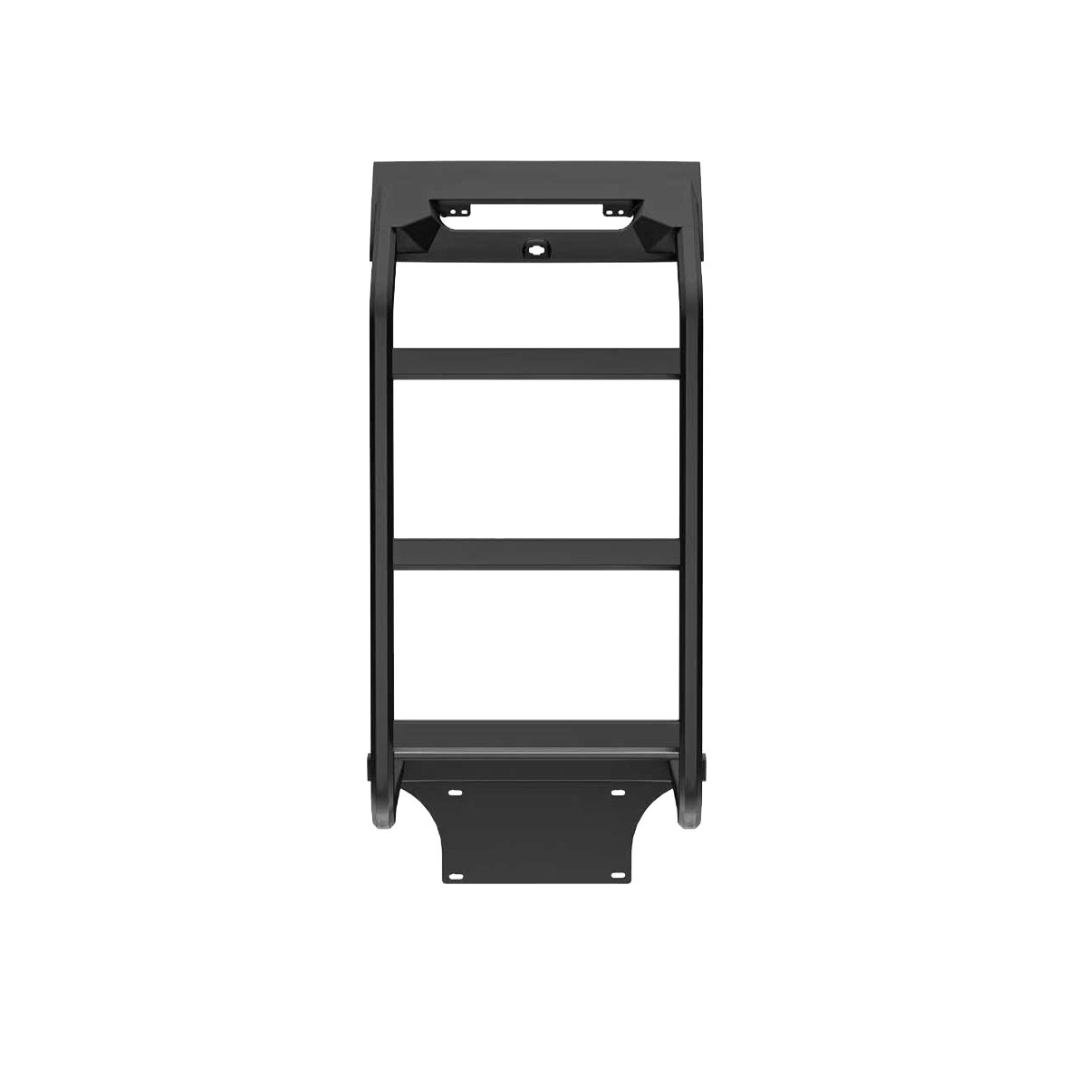 Front-on product view of a matte-black aluminium rear door ladder for the INEOS Grenadier, featuring side rails with three rungs, an integrated top mounting bracket and a lower door-plate for no-drill fitment.