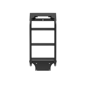 Front-on product view of a matte-black aluminium rear door ladder for the INEOS Grenadier, featuring side rails with three rungs, an integrated top mounting bracket and a lower door-plate for no-drill fitment.