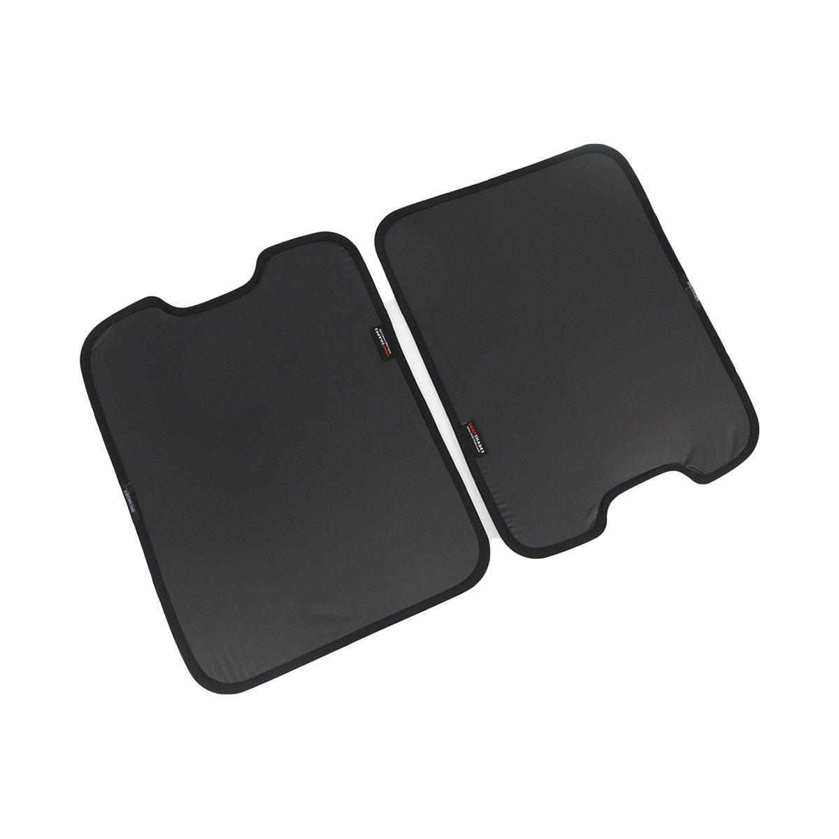 PLOMOR two-piece skylight roof sunshade for INEOS Grenadier, black privacy side, rotated flat-lay with opposite notches visible