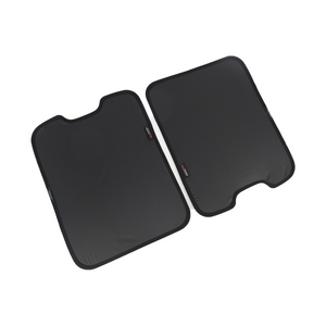 PLOMOR two-piece skylight roof sunshade for INEOS Grenadier, black privacy side, rotated flat-lay with opposite notches visible