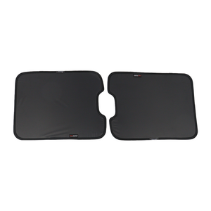 PLOMOR two-piece skylight roof sunshade for INEOS Grenadier, black privacy side, top-down view with inward notches aligned