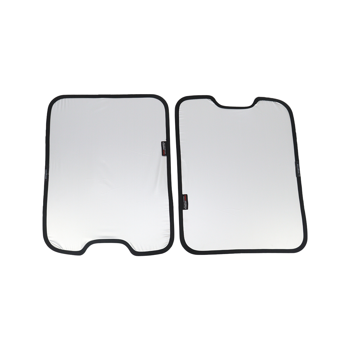 PLOMOR two-piece skylight roof sunshade for INEOS Grenadier, silver reflective side facing up, vertical layout with left panel bottom notch and right panel top notch