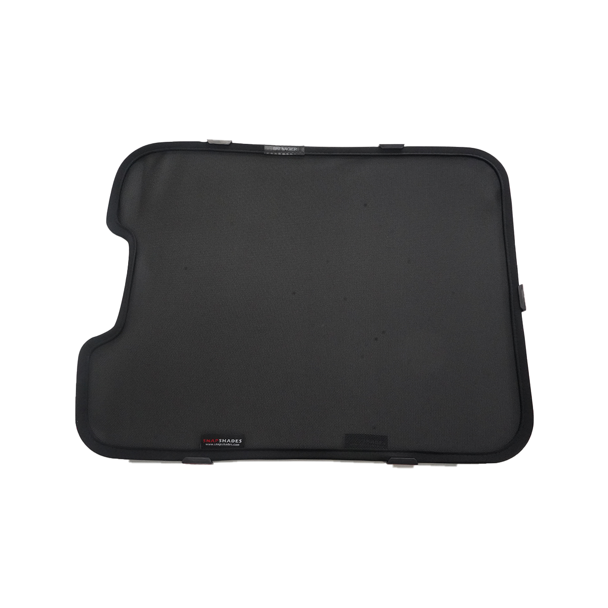 Single black mesh skylight sunshade panel for Ineos Grenadier (2020–2024), rounded rectangle with small top notch, close-up on dark background.