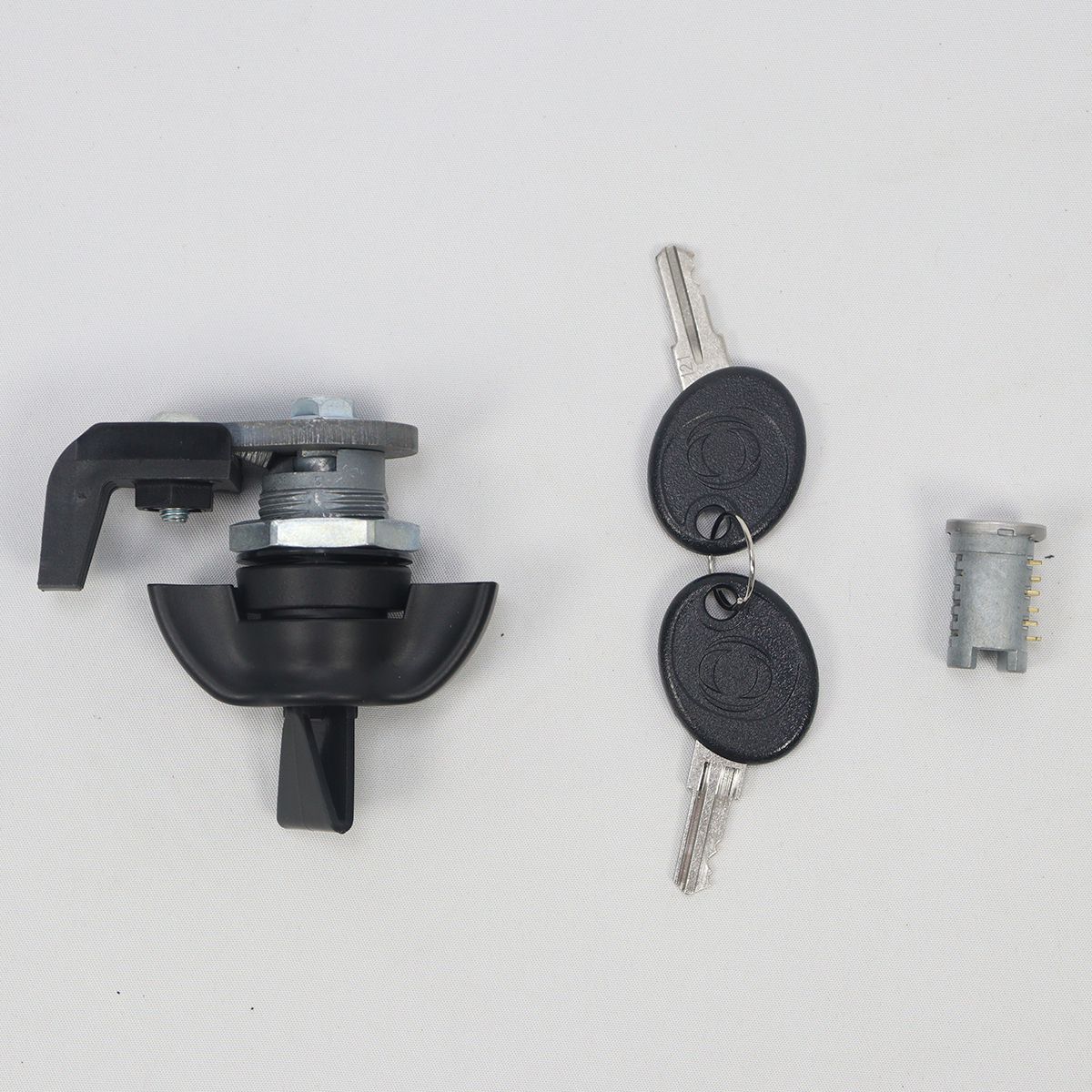 PLOMOR spare wheel cover lock kit for INEOS Grenadier, latch assembly with key set and lock cylinder, product layout on white