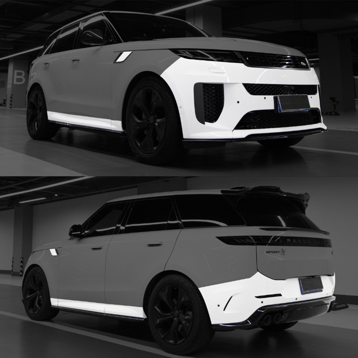 Full vehicle installed view of PLOMOR SV Style body kit on Range Rover Sport L461