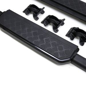 PLOMOR side steps paired with gloss black rear bumper protection on Land Rover Defender L663, seamless OEM-style upgrade