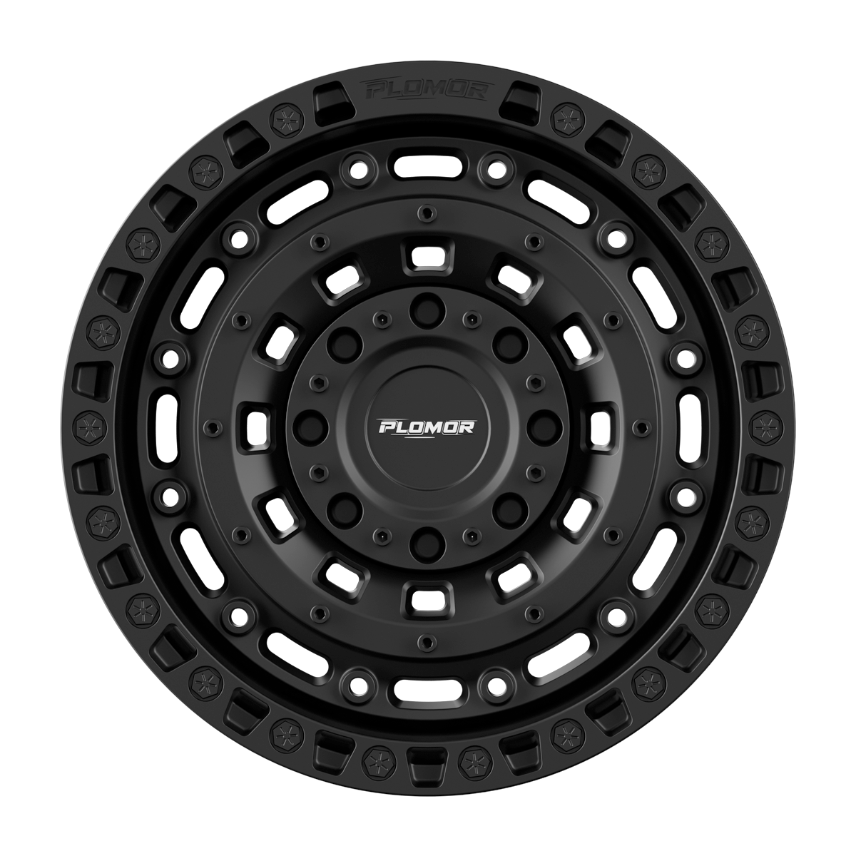 PLOMOR 18-inch forged wheel, beadlock-style — black front studio view for Toyota Land Cruiser LC250 / 1958
