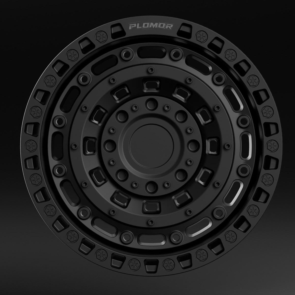 PLOMOR 18-inch forged wheel, beadlock-style — black front studio shot for Toyota Land Cruiser LC250 / 1958