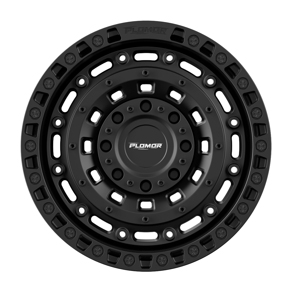 PLOMOR 18-inch forged wheel, beadlock-style face — satin black for Toyota Land Cruiser LC250 / 1958, front view