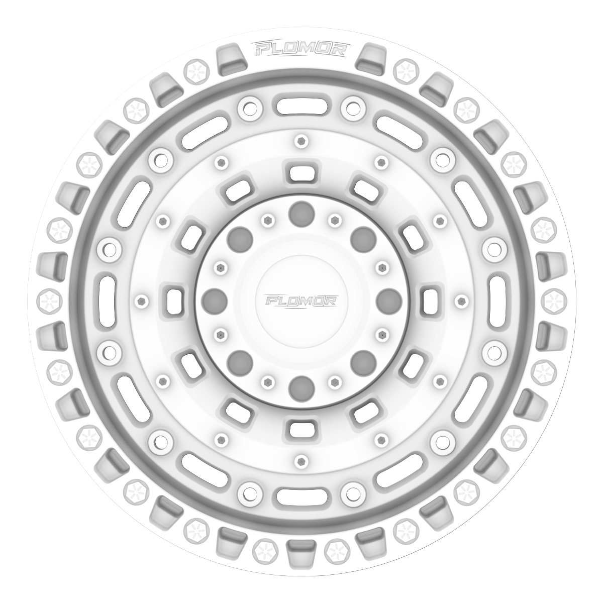 PLOMOR 18-inch forged wheel, beadlock-style — white finish for Toyota Land Cruiser LC250 / 1958, front studio view