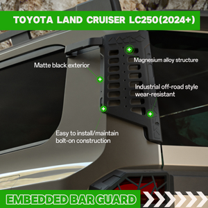 PLOMOR D-pillar embedded bar guard / MOLLE panel for Toyota Land Cruiser LC250 / 1958 — magnesium-alloy build, matte black, bolt-on install (infographic)