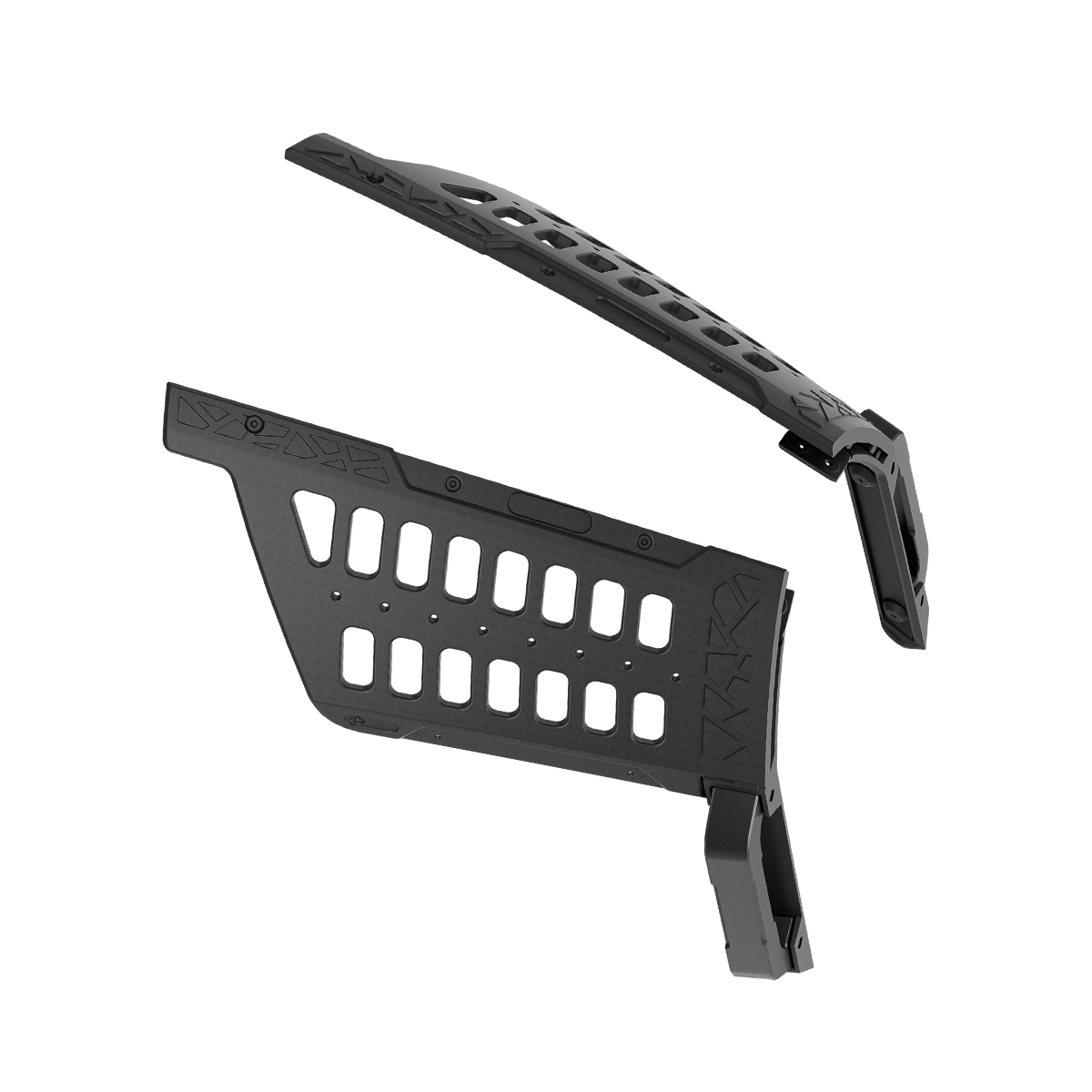 PLOMOR D-pillar embedded bar guard / MOLLE panel — pair, matte black, bolt-on for Toyota Land Cruiser LC250 / 1958, angled studio view