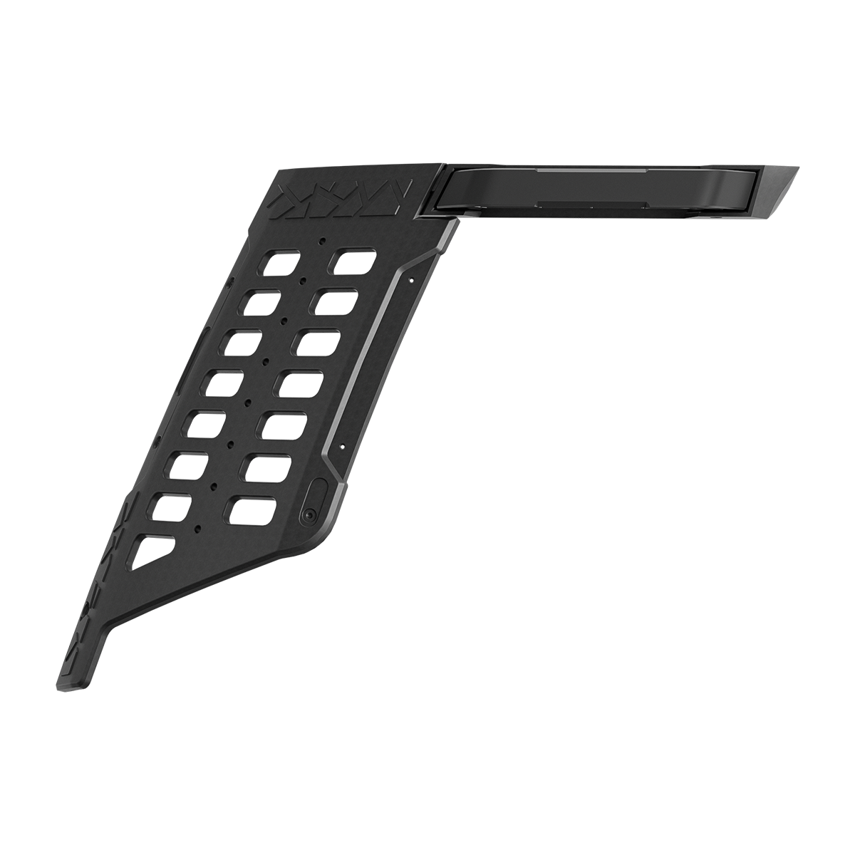PLOMOR D-pillar embedded bar guard / MOLLE panel — single piece, matte black, bolt-on for Toyota Land Cruiser LC250 / 1958, studio view