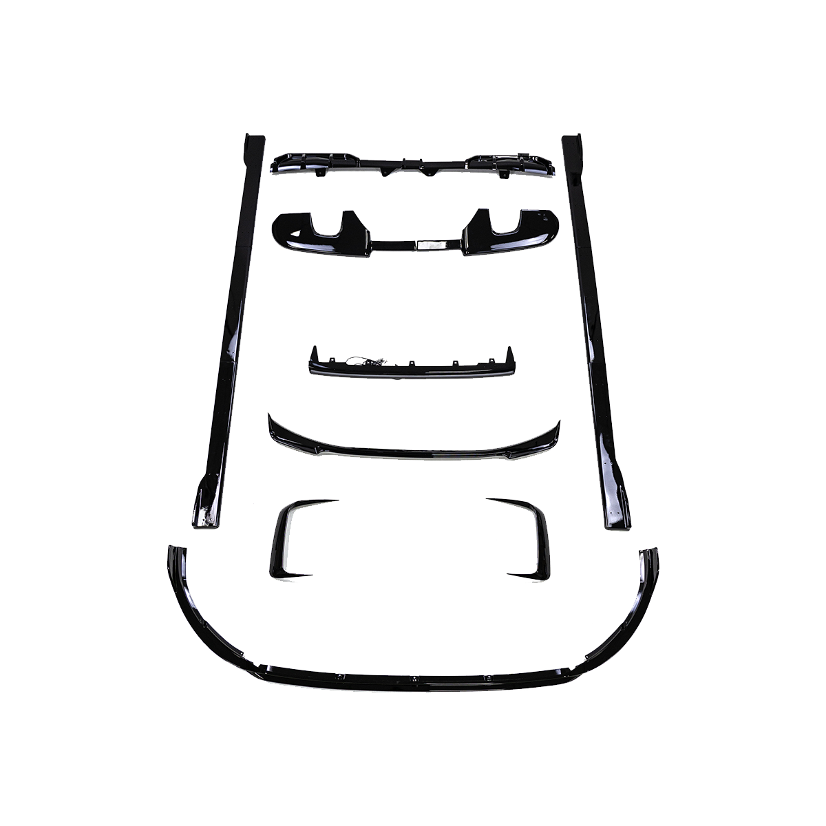 PLOMOR front bumper & grille garnish trim kit for Toyota Land Cruiser LC250 / 1958 — gloss-black multi-piece set, exploded layout