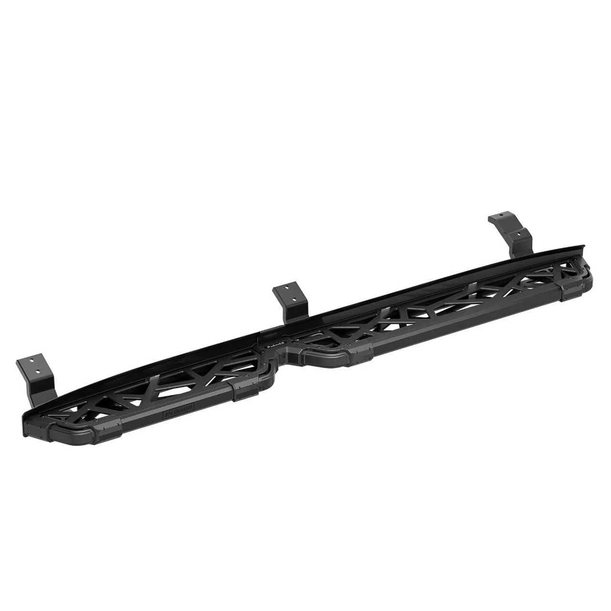 PLOMOR wide fender flare mounting bracket — long rail, matte black, angled studio view for Toyota Land Cruiser LC250 / 1958