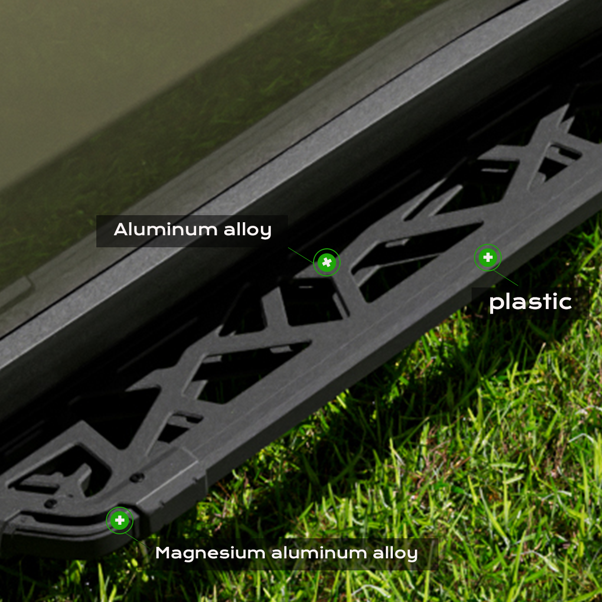 PLOMOR wide fender flare mounting bracket for Toyota Land Cruiser LC250 / 1958 — magnesium-aluminium alloy with plastic trim, installed detail on grass