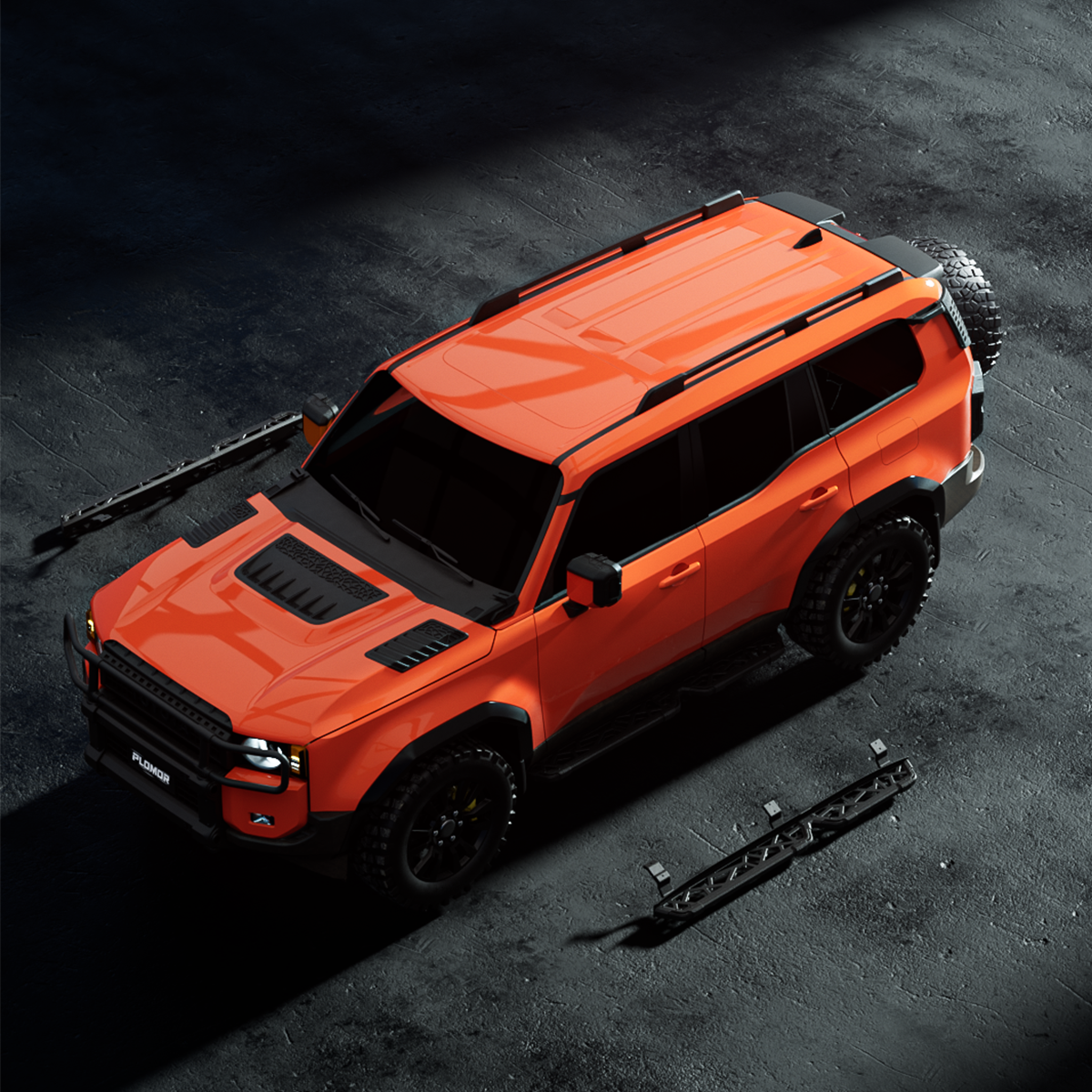 PLOMOR wide fender flare mounting brackets for Toyota Land Cruiser LC250 / 1958 — top view install layout beside orange vehicle