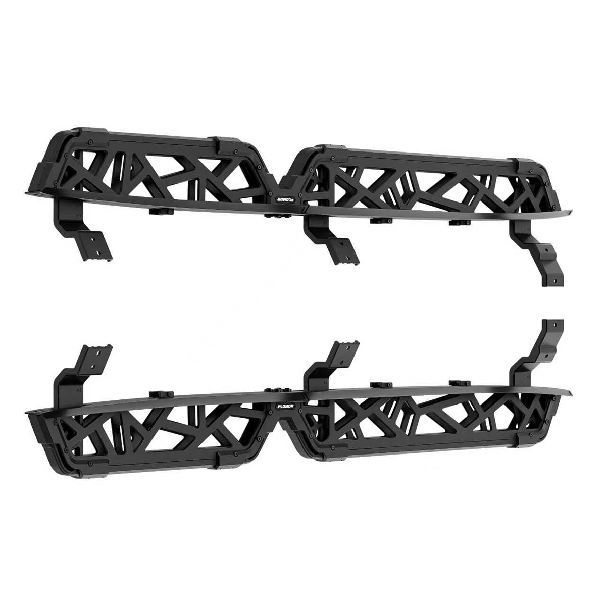 PLOMOR wide fender flare mounting brackets — upper & lower set, angled studio view for Toyota Land Cruiser LC250 / 1958