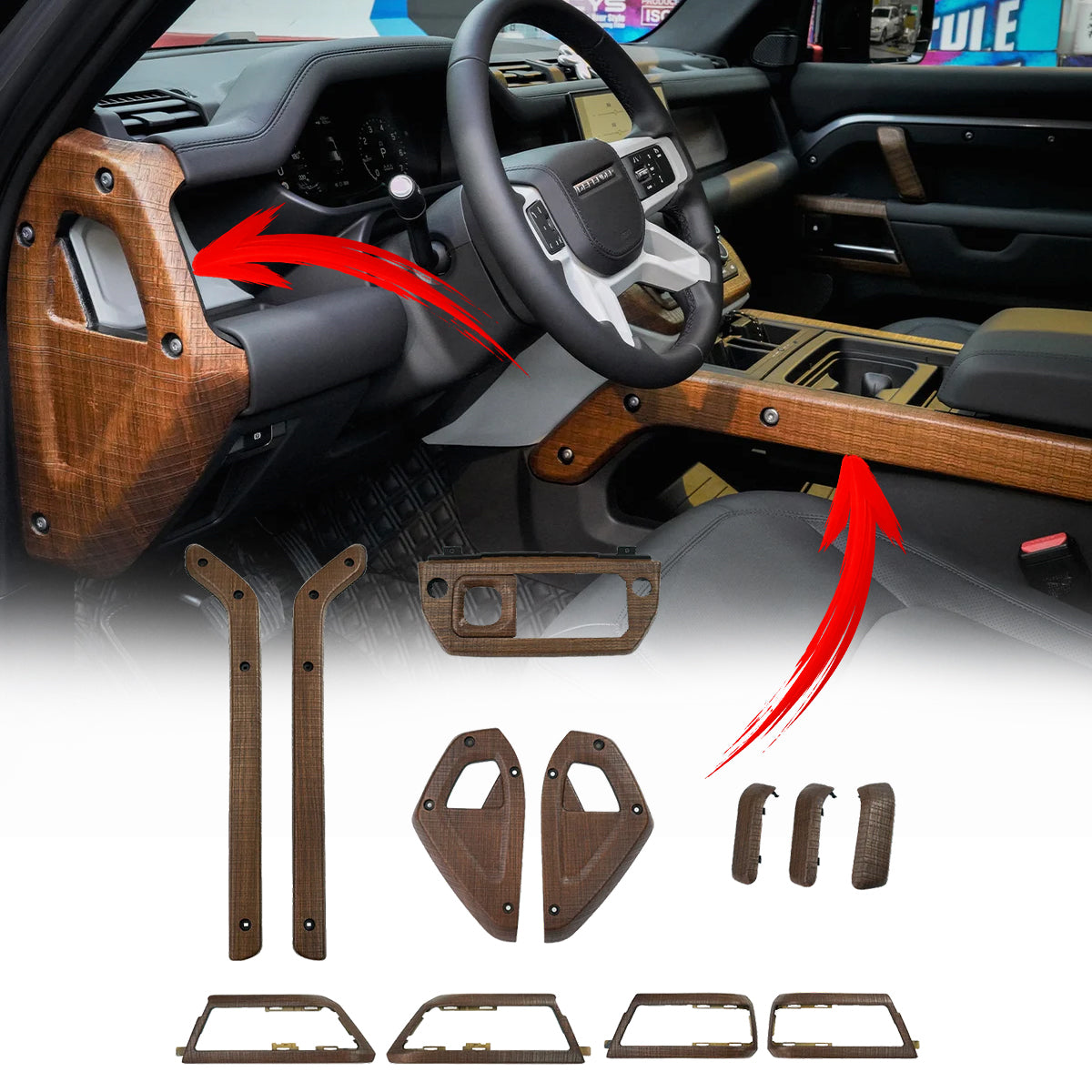PLOMOR wood grain interior trim kit for Land Rover Defender 90 110 and 130
