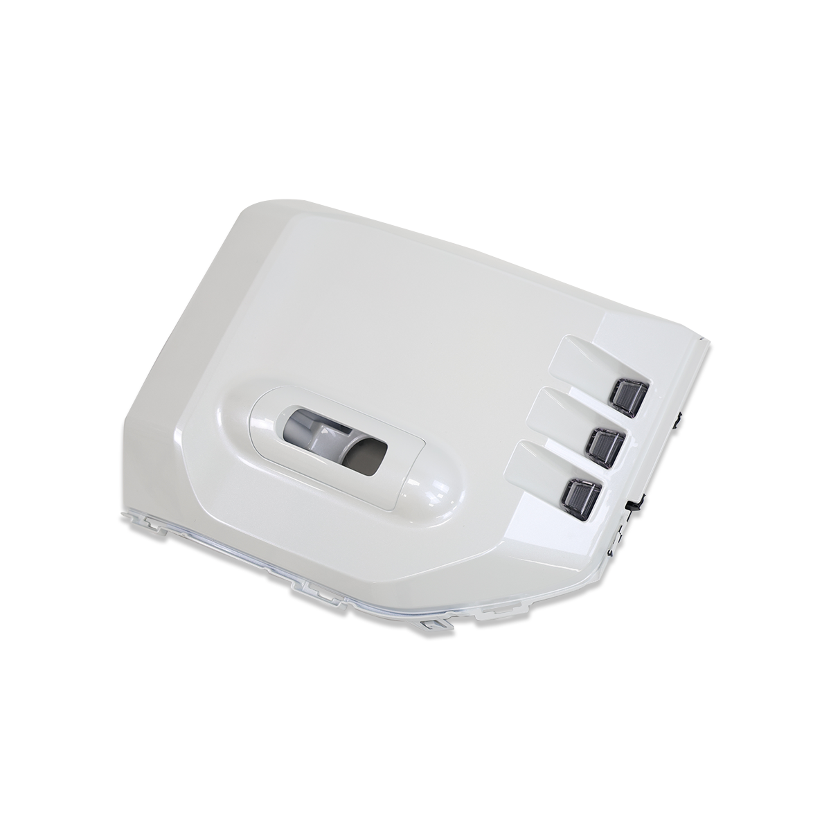 Toyota LC250 fog lamp trim — white ABS, single right piece, tilted view