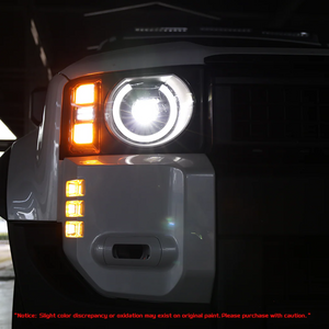 PLOMOR fog light frame installed on Toyota Land Cruiser LC250 front bumper with integrated DRL and turn signals