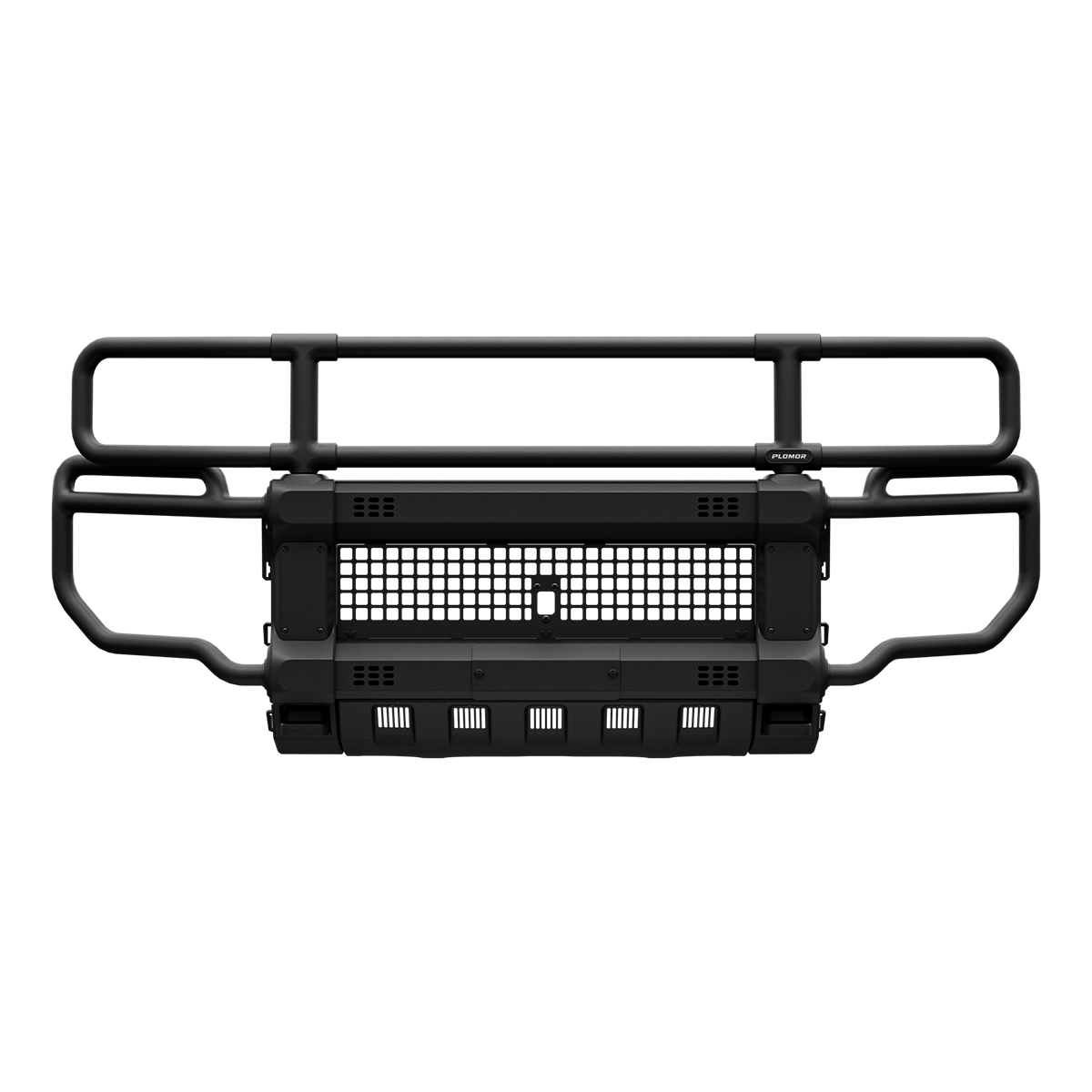 Front view of PLOMOR full-width brush guard for Toyota Land Cruiser LC250/1958—matte-black tubular rails with wraparound wings, center mesh panel, and lower row of five cube-light mounting pockets.